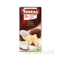 Шоколад Torras 75г Білий з кокосом без цукру/в уп.12шт/