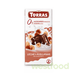 Шоколад Torras 75г Молочний з фундуком без цукру/в уп.12шт/