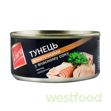 Тунець Varo шматочками у власному соку 170 г/в уп.48шт/