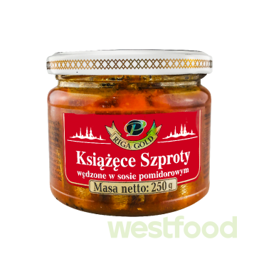 Шпроти в томатн.соусі Riga Gold 250г скло /в уп.12шт/