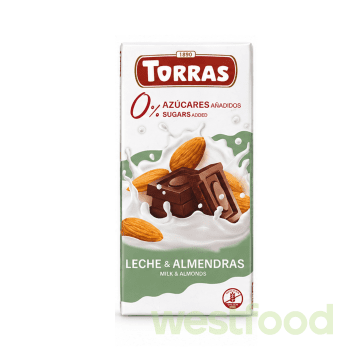 Шоколад Torras 75г Молочний з мигдалем без цукру/в уп.12шт/