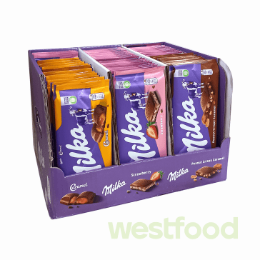 Шоколад Milka уп.62шт (Caramel,Strawberry,Peanut Crispy Caramel)*100г