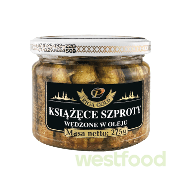 Шпроти копчені в олії Riga Gold 275г скло /в уп.12шт/