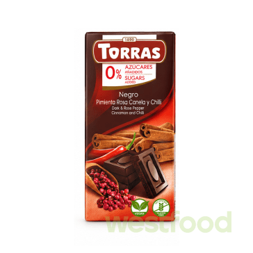 Шоколад Torras 75г Чорний з рожевим перцем, кориця та чилі без цукру/в уп.12шт/